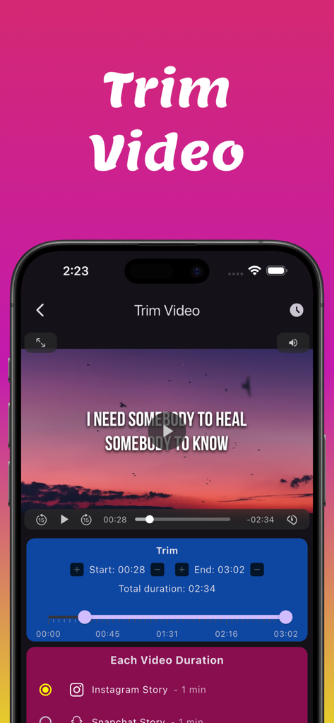 Split Video For Long Story - Screenshot of the Split Video app showing the trim feature with start and end time controls for an Instagram Story.