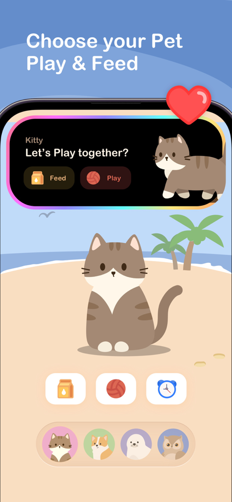 Cute pet: Self care pet widget - Mobile screen showing a cute cat virtual pet with play and feed buttons in the dynamic island notification