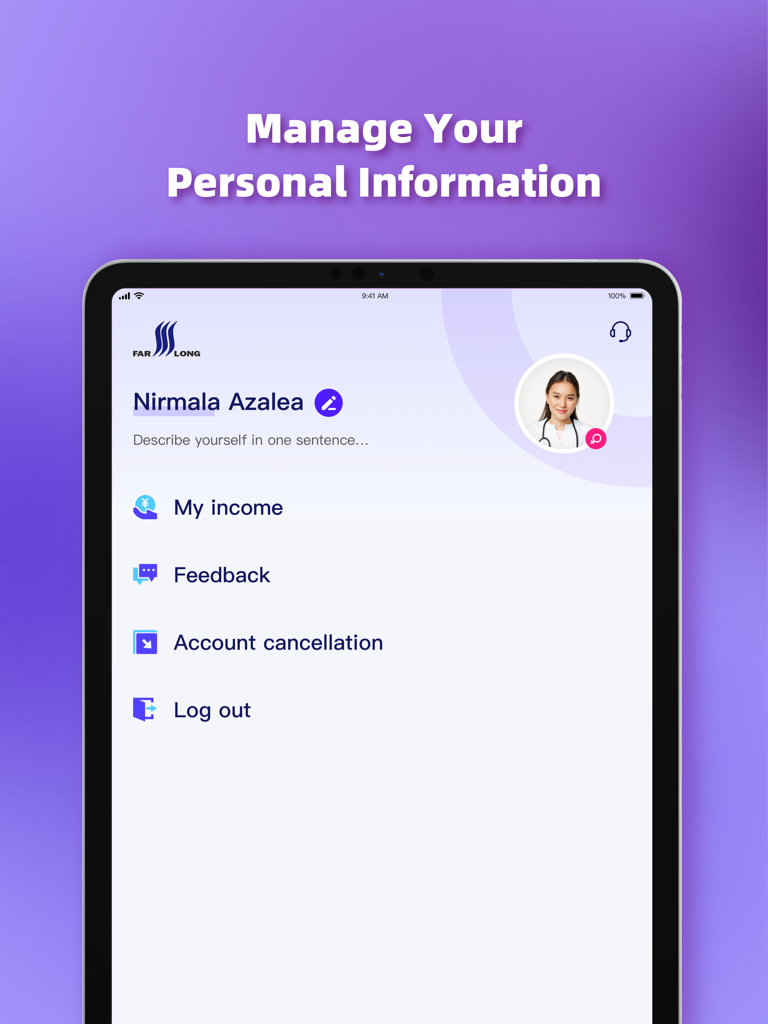 Pantalla de gestión de perfil de usuario e información personal de la aplicación MyCare Provider en un iPad