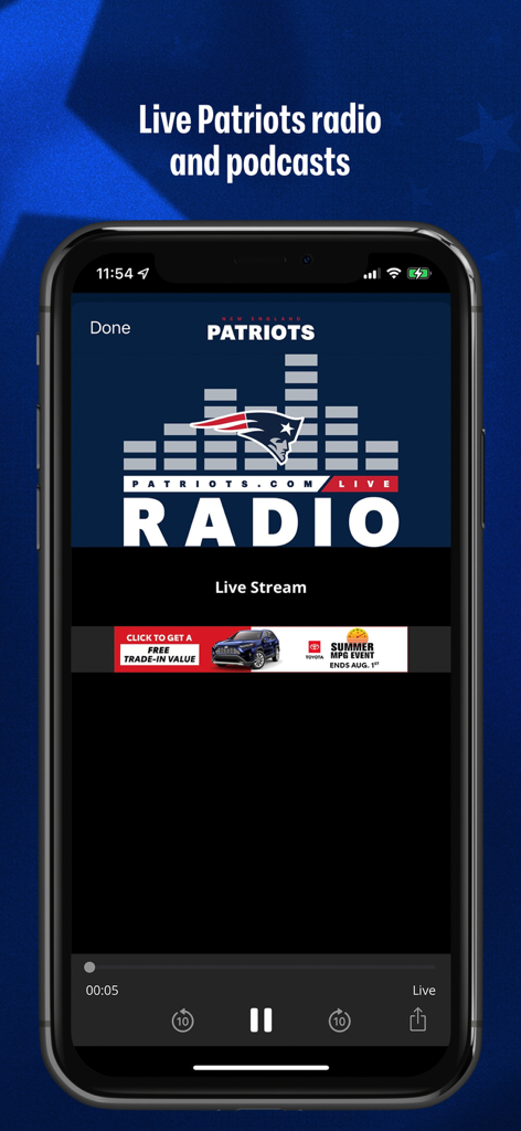 New England Patriots app interface for live radio and podcasts streaming