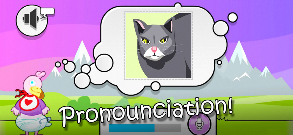 Interactive English pronunciation game for kids featuring a cat illustration and a cartoon flamingo