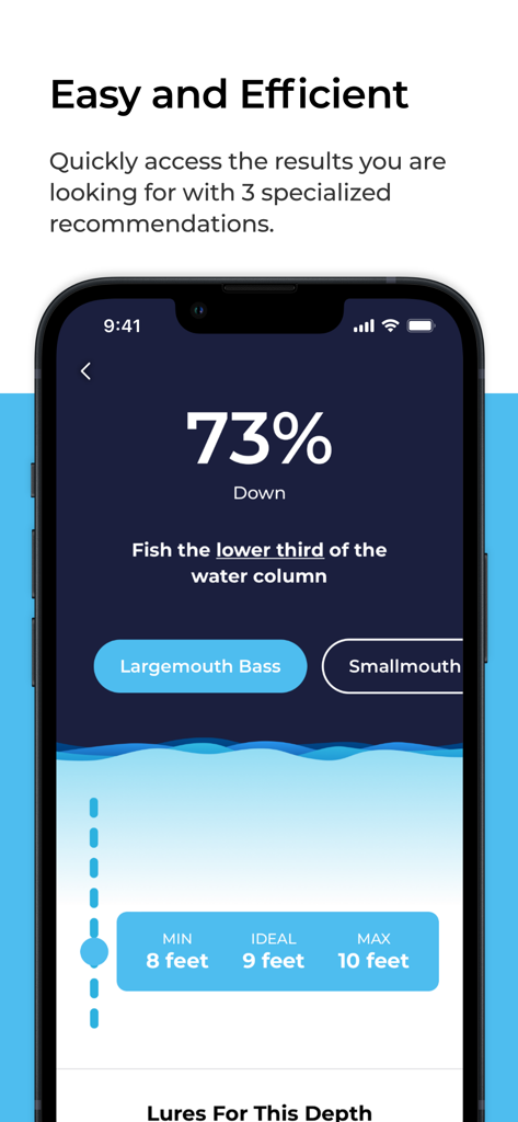 Mobile screen showing fishing depth recommendations and water column analysis for bass fishing in the Lure Cast app.