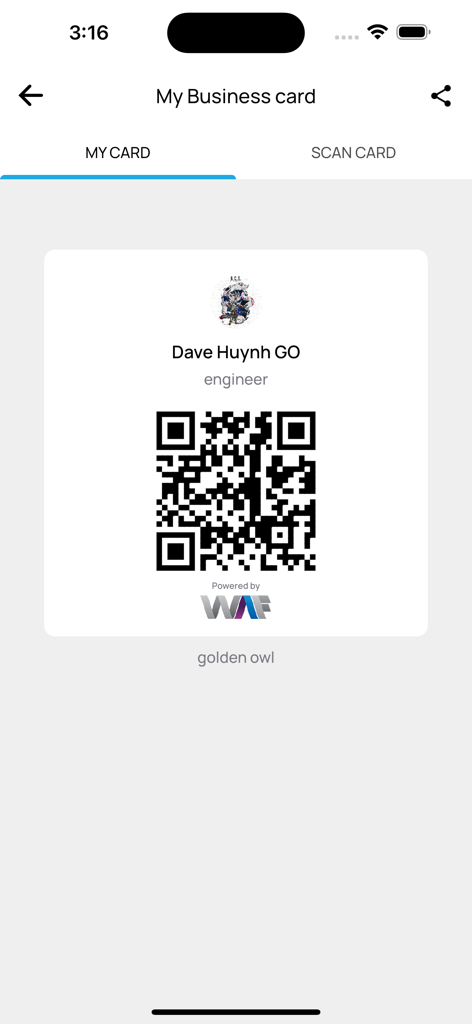 WAF App - Digital business card interface within the WAF App displaying a professional QR code for networking
