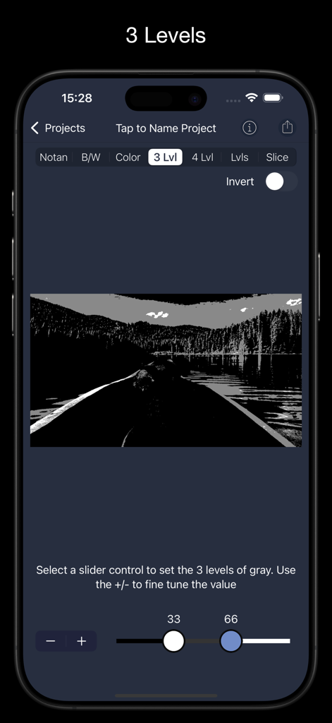NotanIzer - 3단계 그레이 필터와 조정 가능한 명암 슬라이더로 처리된 풍경 이미지를 보여주는 NotanIzer 앱의 iPhone 인터페이스.