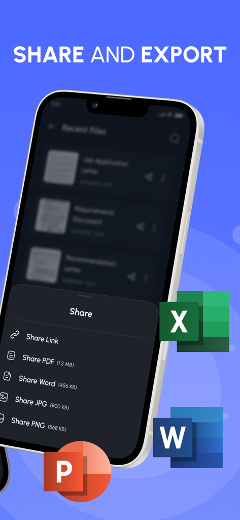 A smartphone screen showing multiple export formats like PDF Word JPG and PNG for scanned documents