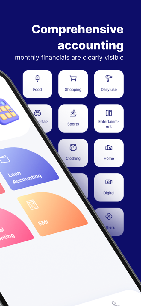 Panel de la aplicación TrackFinance que muestra categorías de gastos financieros y herramientas de contabilidad de préstamos