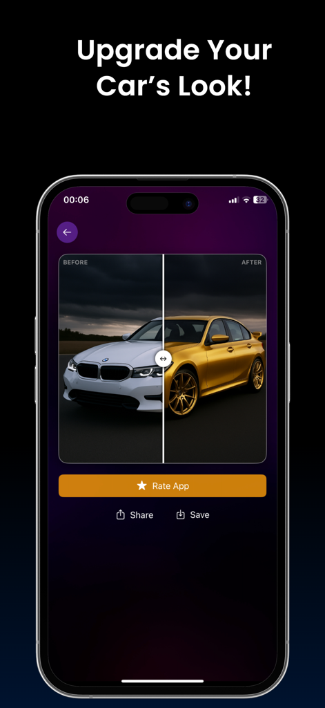 Car AI: Modification Editor - Before and after comparison of a car transformation from stock white to modified gold using AI