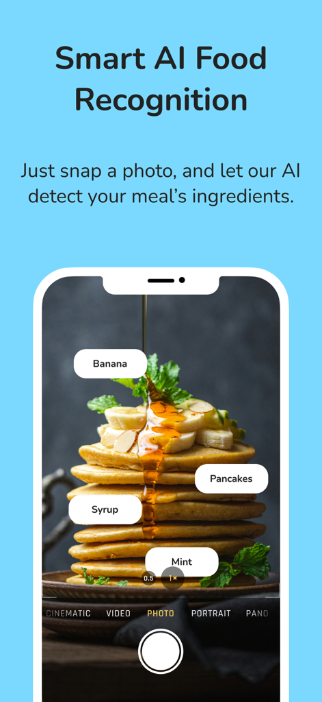 Interface do aplicativo CalCountAI mostrando o reconhecimento alimentar inteligente por IA identificando ingredientes em uma refeição