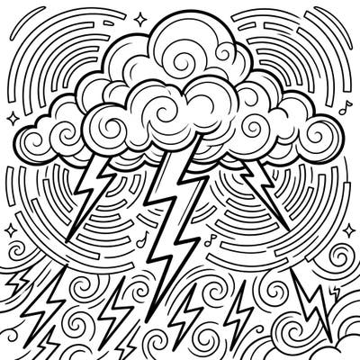 Experience the excitement of a thunderstorm with this lively coloring page, perfect for kids. It features dramatic clouds, striking lightning bolts, and playful echoing sound waves, ready for a burst of color.