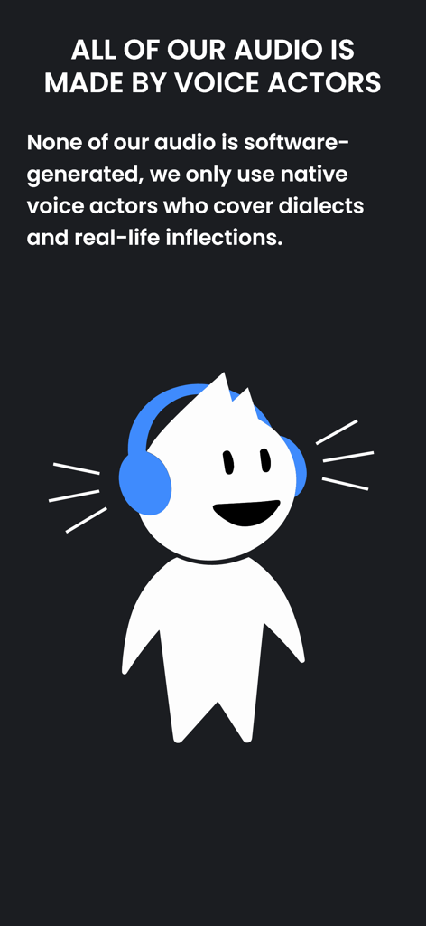 Mjølnir Swedish - Mjolnir Swedish app screenshot highlighting the use of native voice actors and real-life inflections for authentic language learning