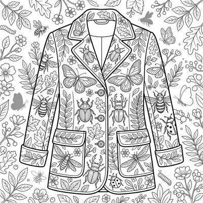 Step into a world where fashion meets nature with this unique insect-themed outerwear coloring page. Adorn a stylish jacket with a vibrant array of butterflies, bees, and beetles, bringing its intricate details to life with your favorite hues.