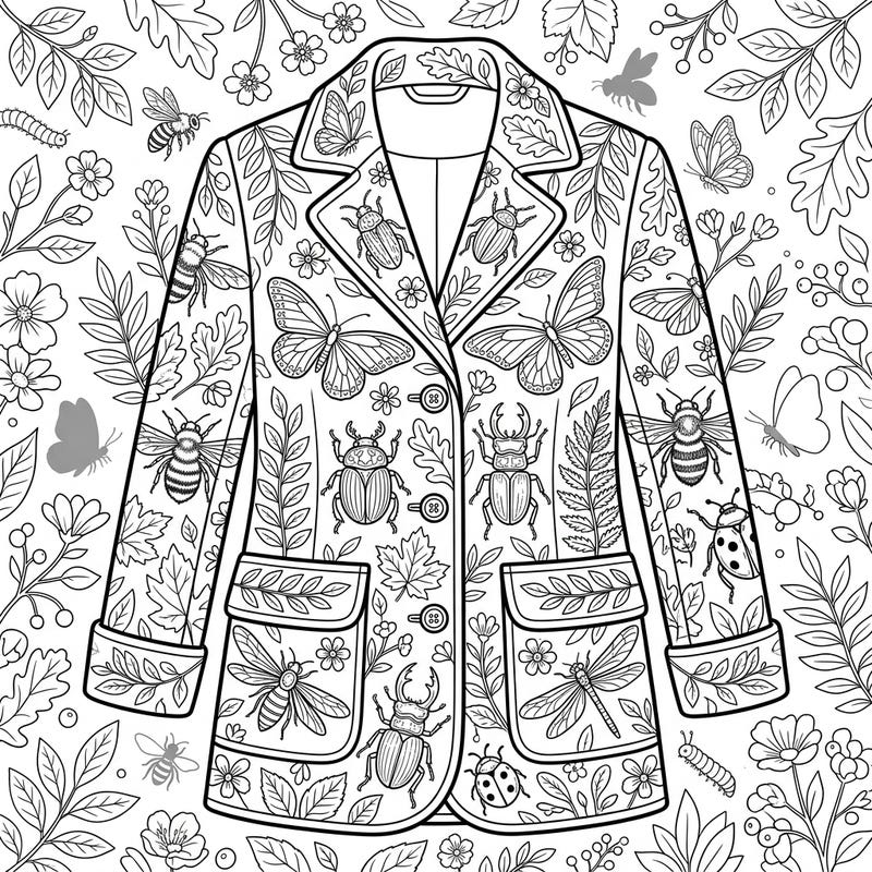 Step into a world where fashion meets nature with this unique insect-themed outerwear coloring page. Adorn a stylish jacket with a vibrant array of butterflies, bees, and beetles, bringing its intricate details to life with your favorite hues.