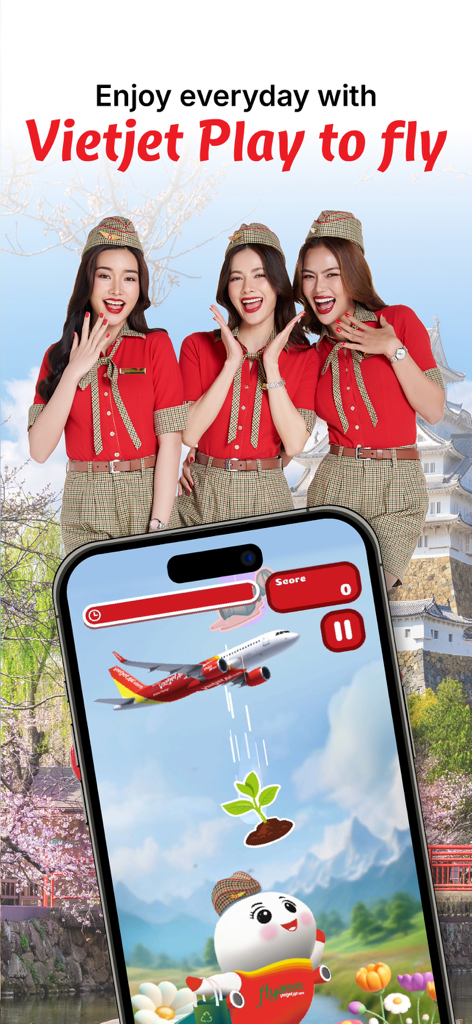 ベトジェットタイアプリのスクリーンショット、笑顔の客室乗務員と景色の良い背景の「Play to fly」モバイルゲームを表示