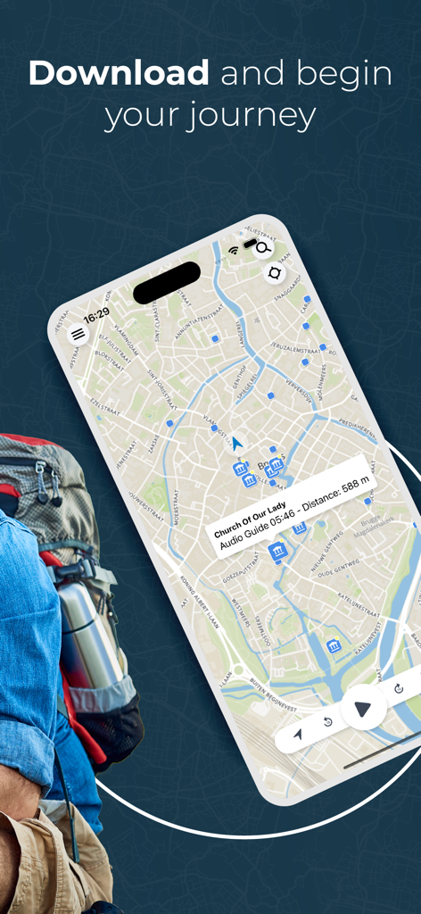 Pantalla de smartphone que muestra un mapa de recorrido a pie de Brujas con información de audioguía