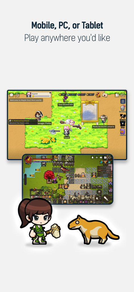 MapleStory Worlds - MapleStory Worlds gameplay shown across mobile and PC devices with pixel art characters