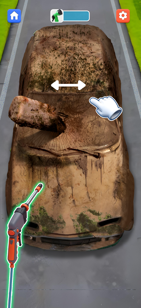 Gameplay showing a dirty car being cleaned with a pressure washer in the Car Makeover ASMR game.