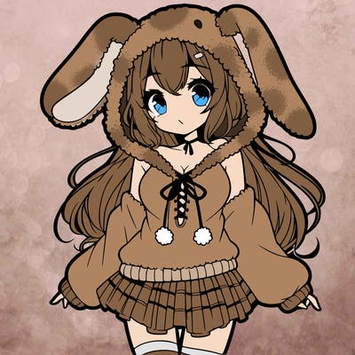pretty anime girl wearing a fluffy hoodie with bunny ears on the hood and a skirt