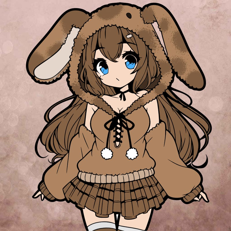 pretty anime girl wearing a fluffy hoodie with bunny ears on the hood and a skirt