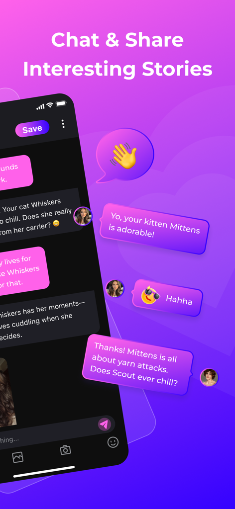 Purify - Meet Friends & Vibe - Mobile chat interface in the Purify app where pet owners discuss their pets and share stories.