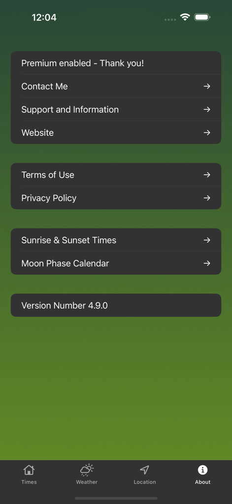 Solunar Best Hunting Times - The about and settings menu of the Solunar Best Hunting Times mobile application showing app information and support links.