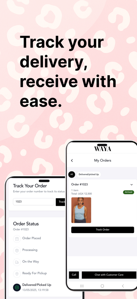 Mobile app screens showing order tracking and delivery status in the WAYA fashion app.