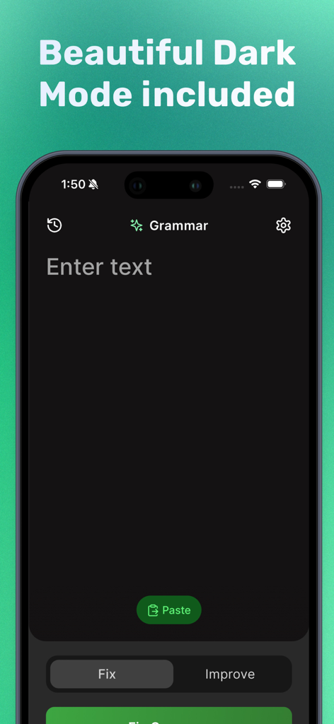 A screenshot of the Grammar Check app interface featuring its dark mode design on an iPhone