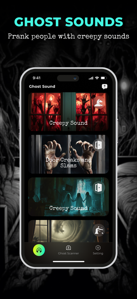 Ghost Detector - Spirit Talker - Interface of the Ghost Detector app showing a library of scary sound effects and prank audio clips.