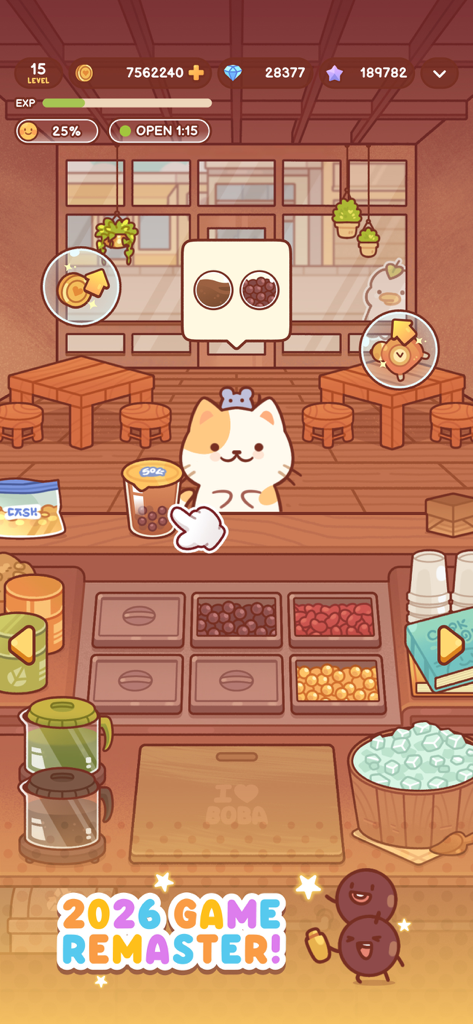 A cute calico cat waiter serving bubble tea behind a counter in the Boba Tale mobile game