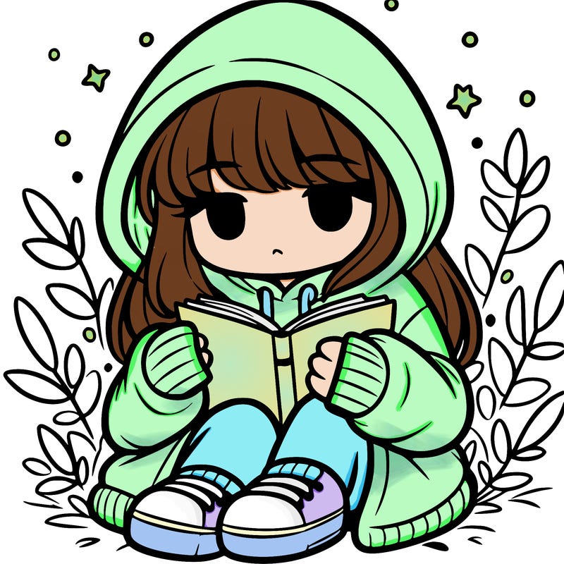 girl in oversized hoodie reading a book