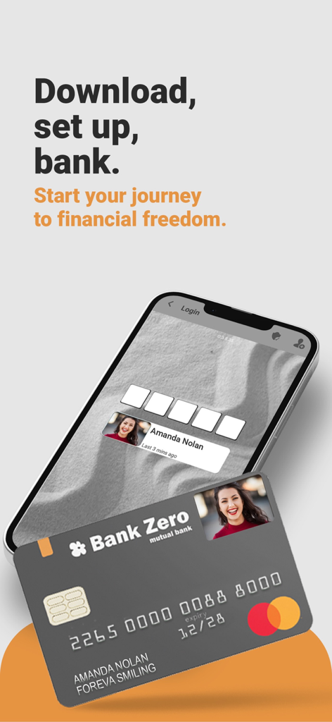 Bank Zero mobile app login screen on a smartphone next to a physical debit card