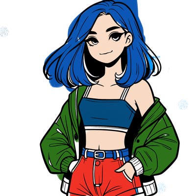 a realistic girl with a crop top and short shorts in an open jacket