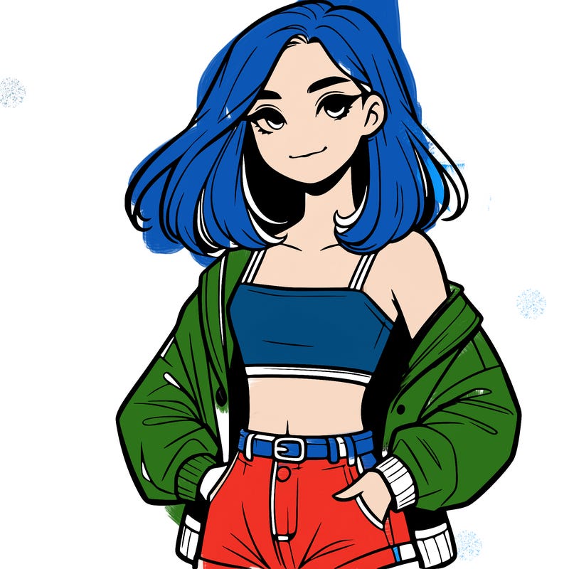a realistic girl with a crop top and short shorts in an open jacket