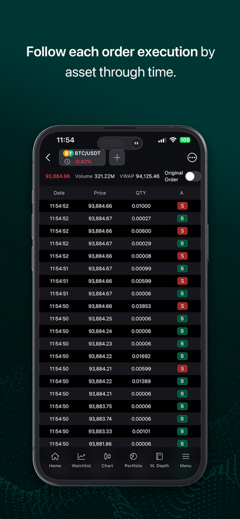 Vector Nelogica - Real time cryptocurrency order execution list showing price and quantity on mobile