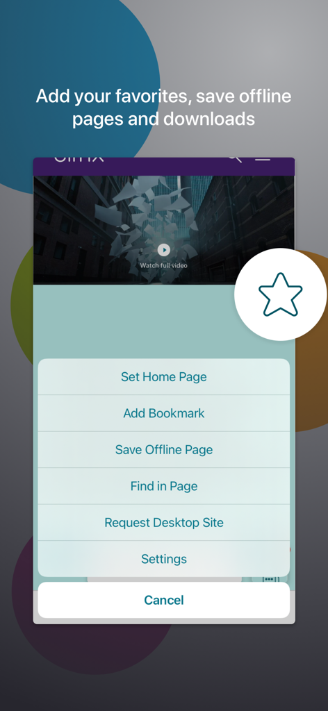 A menu within the Citrix Secure Web app showing options to set a home page, add bookmarks, and save pages offline.