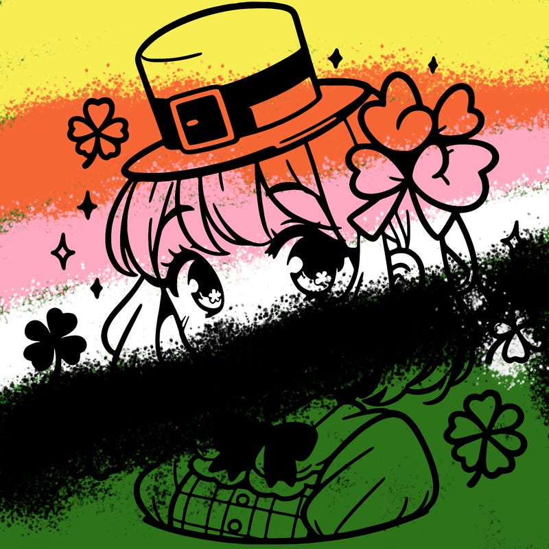 a manga-style girl with clovers around her, a little hat in her hair, like it's saint patrick's day