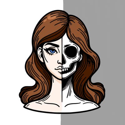 bust of a woman, half face and hair, half skull