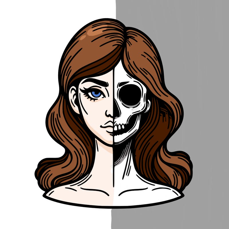 bust of a woman, half face and hair, half skull