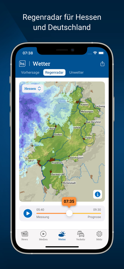 Section météo de l'application Hessenschau montrant une carte radar des pluies de la Hesse en Allemagne