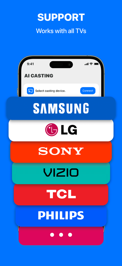 MultiCast - Cast to TV - Interface showing compatible smart TV brands for MultiCast including Samsung LG and Sony