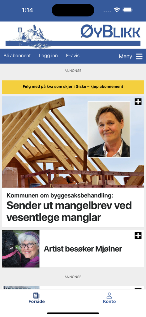 ØyBlikk - Home screen of the OyBlikk local news app showing articles in Norwegian