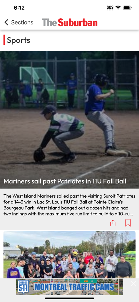 Sports section of The Suburban Newspaper app showing a local youth baseball game report.