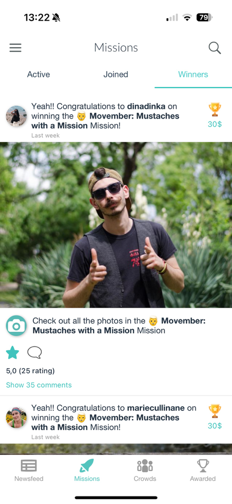 Screenshot of the Foap app showing a mission winner for a photography contest with a cash prize.