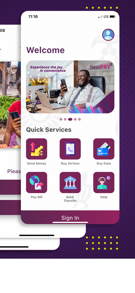 FlexiPAY App - FlexiPAY App welcome screen showing quick services for money transfer, airtime, and bill payments