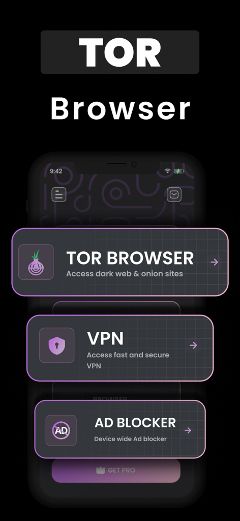 Onion TOR Browser: VPN+AdBlock - Interface do aplicativo móvel mostrando opções de navegador TOR VPN e bloqueador de anúncios com tema roxo escuro