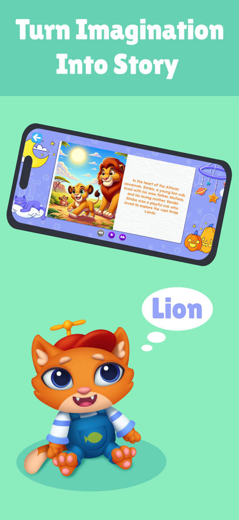 ABC Mouse: Math Games for Kids - Libro de cuentos interactivo con IA de Preschool Kids Academy que presenta una ilustración de una familia de leones y texto.