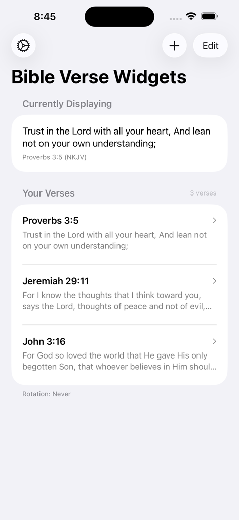 Main interface of the Bible Verse Widgets app showing a list of saved scriptures and the currently displayed verse