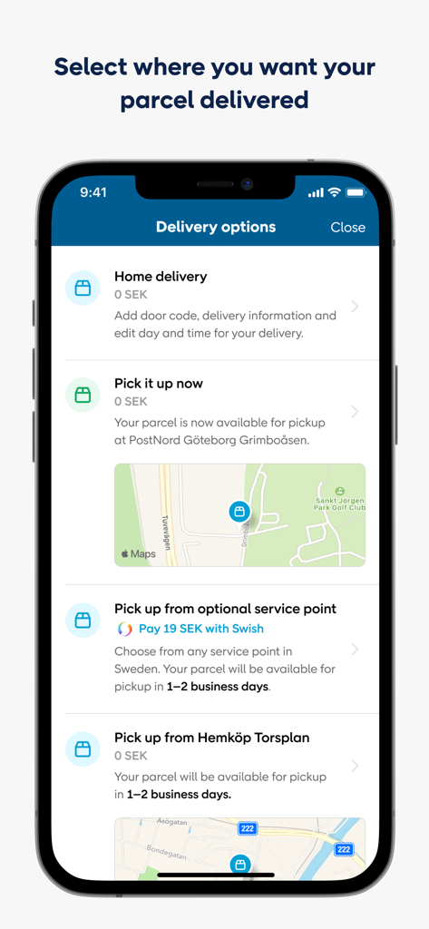 PostNord app screen showing various parcel delivery and pickup location options