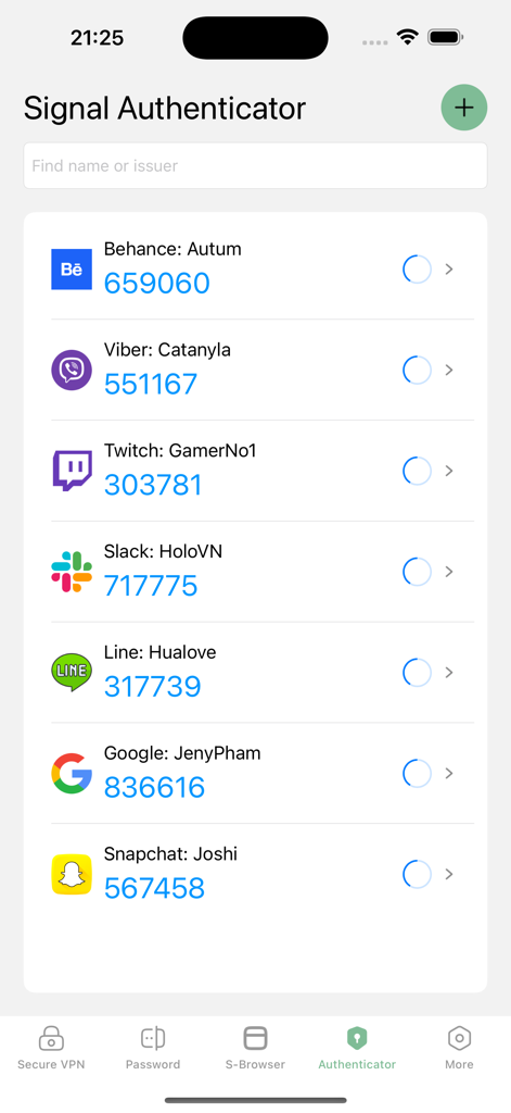 Interface of the Signal Authenticator showing a list of two-factor authentication codes for multiple apps