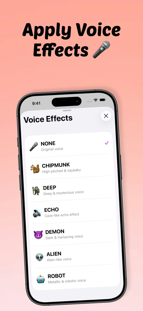 Reverse Audio - Sing & Record - A mobile app screen showing a list of voice effects like Chipmunk Deep and Demon in the Reverse Audio app