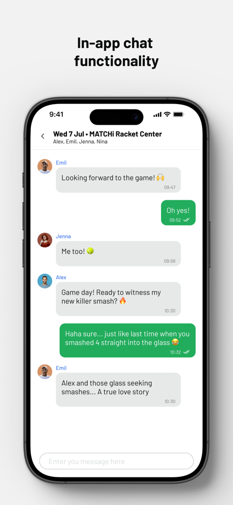MATCHi - In-app group chat interface in MATCHi where players coordinate their next racket sports game.